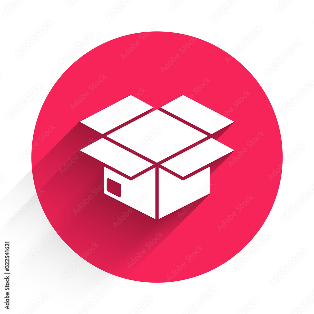 White Carton cardboard box icon isolated with long shadow. Box, package, parcel sign. Delivery and p