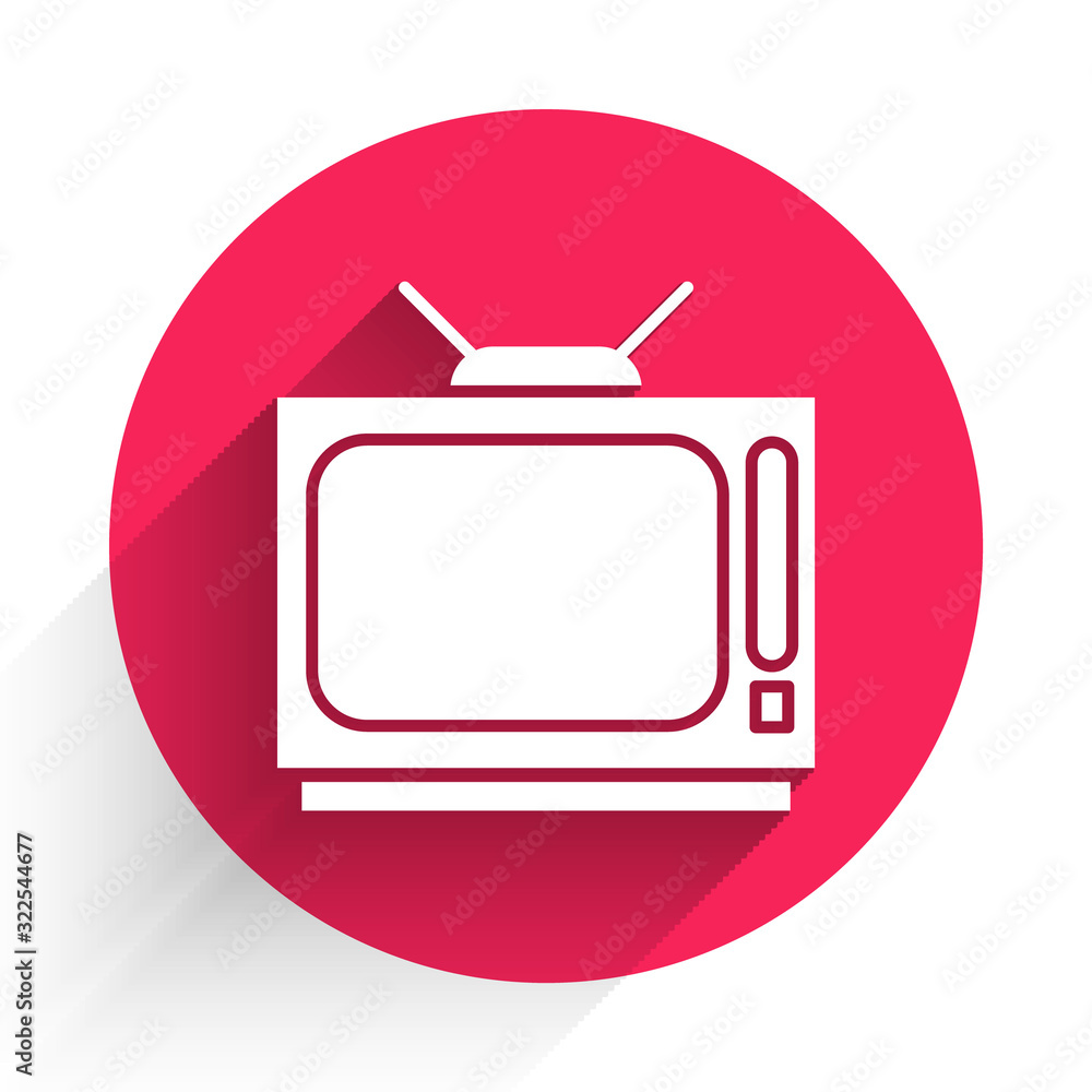 白色复古电视图标与长阴影隔离。电视标志。红色圆圈按钮。矢量插图