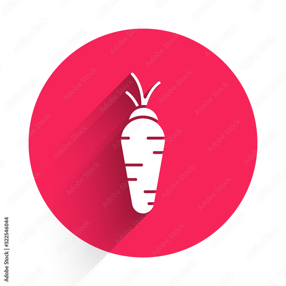 White Carrot icon isolated with long shadow. Red circle button. Vector Illustration
