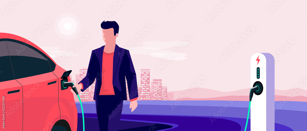 Electric car charging on pink city skyline landscape. Vector illustration of man hand holding charge