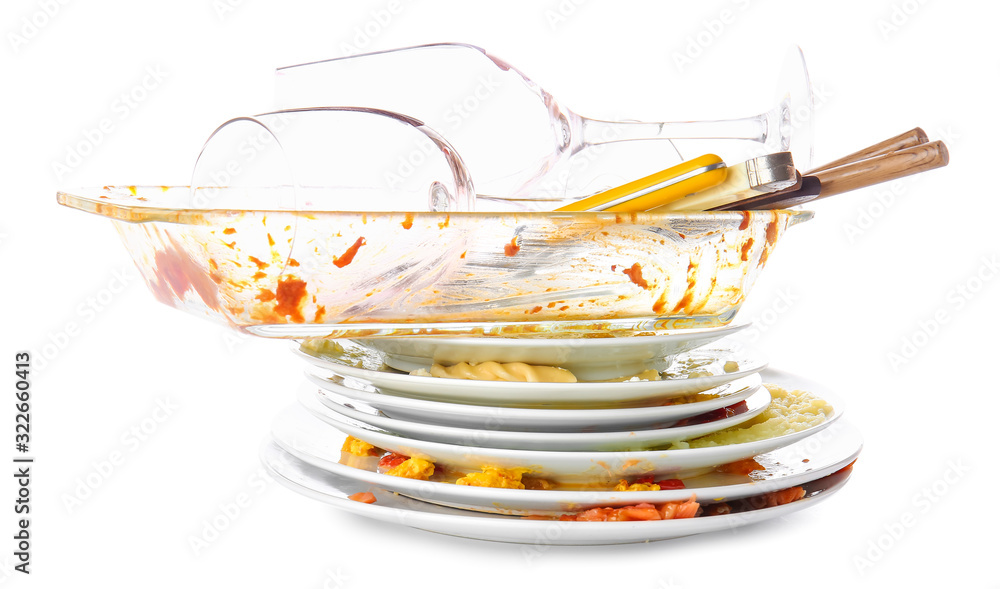 Dirty empty dishes on white background