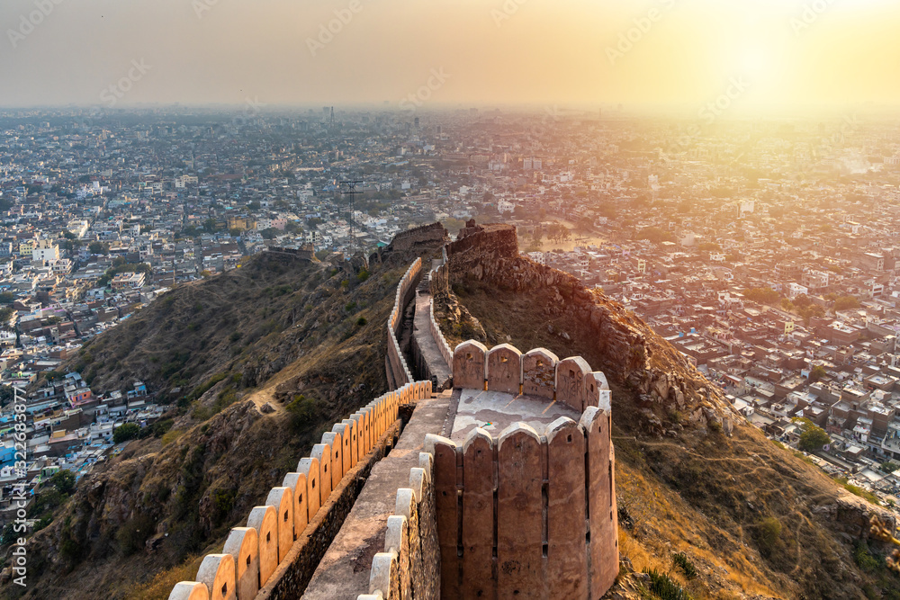 Nahargarh Fort at sunset and aerial view of Jaipur City, overall bird eye view of Jaipur from Naharg
