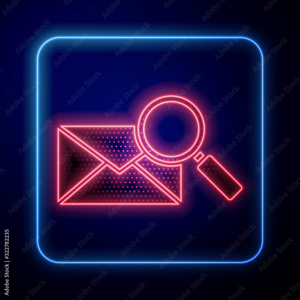 蓝色背景上带有放大镜图标的发光霓虹灯信封邮件。矢量插图