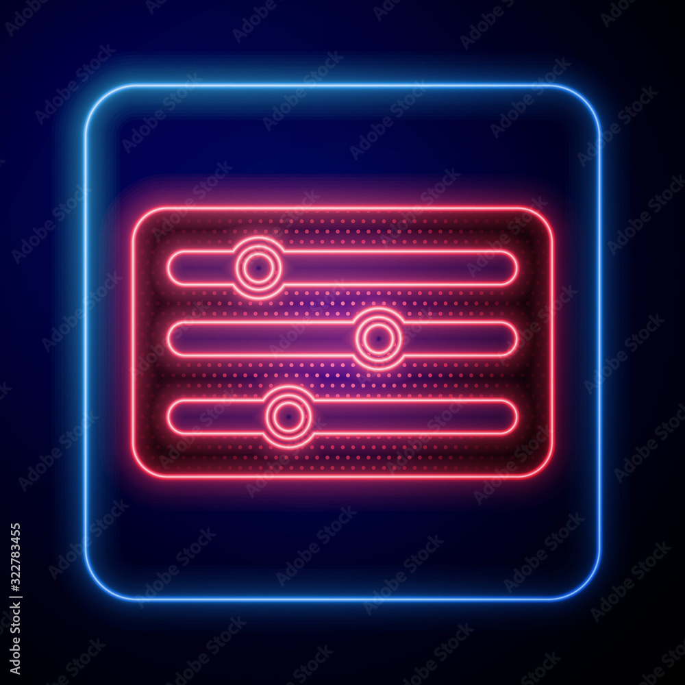 Glowing neon Sound mixer controller icon isolated on blue background. Dj equipment slider buttons. M