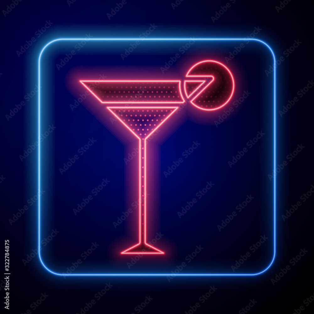 Glowing neon Martini glass icon isolated on blue background. Cocktail icon. Wine glass icon.  Vector