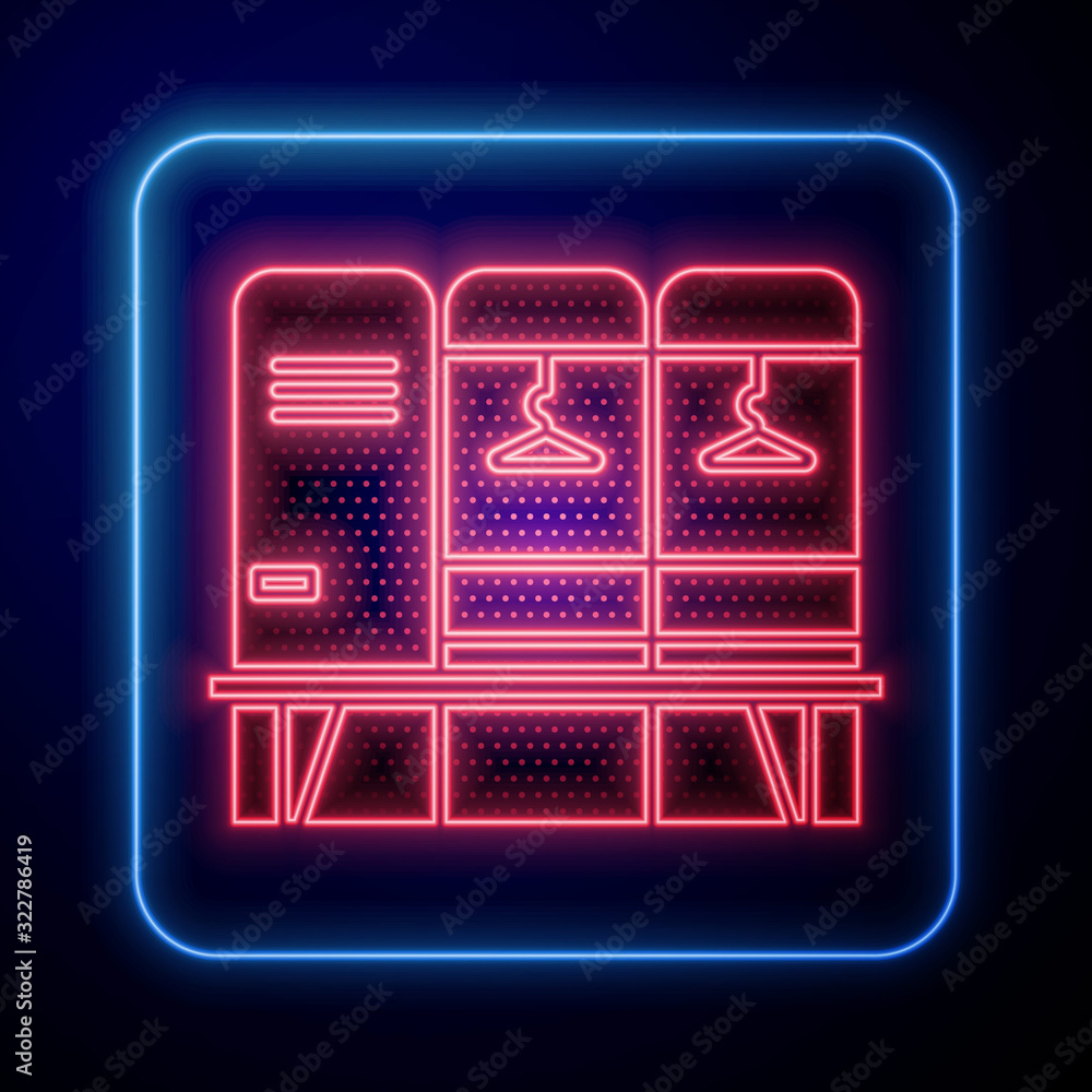 Glowing neon Locker or changing room for hockey, football, basketball team or workers icon isolated 