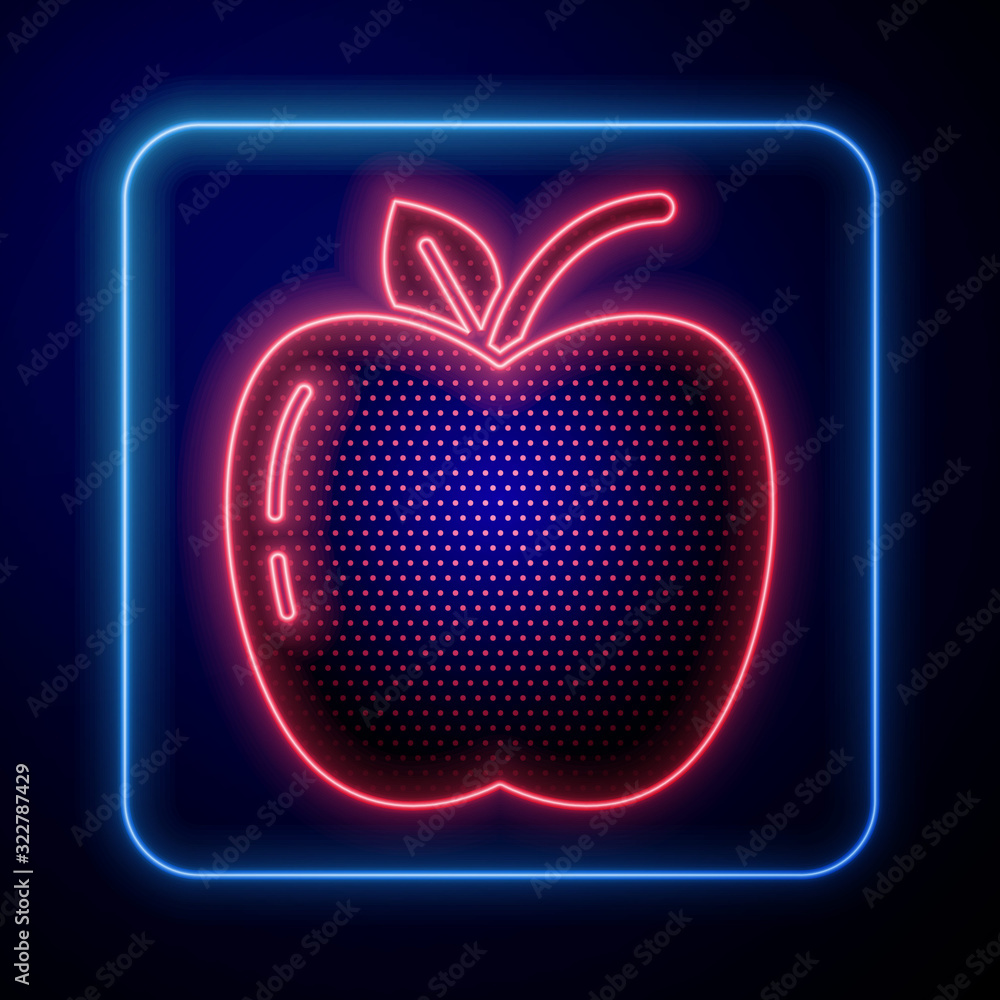 Glowing neon Apple icon isolated on blue background. Fruit with leaf symbol.  Vector Illustration