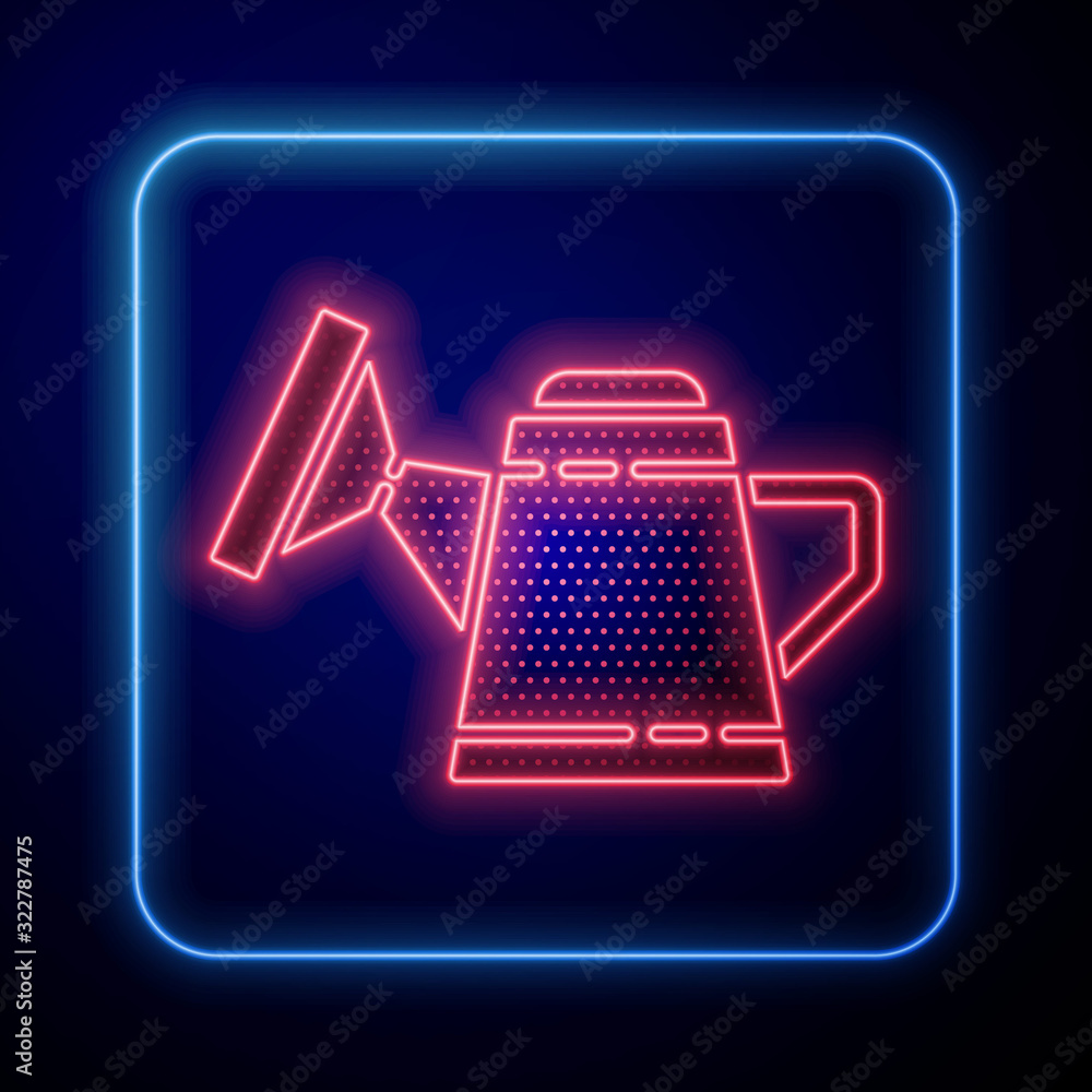 Glowing neon Watering can icon isolated on blue background. Irrigation symbol.  Vector Illustration