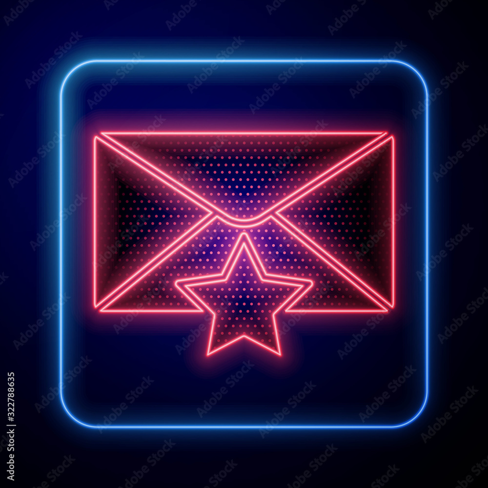 Glowing neon Envelope with star icon isolated on blue background. Important email, add to favourite 