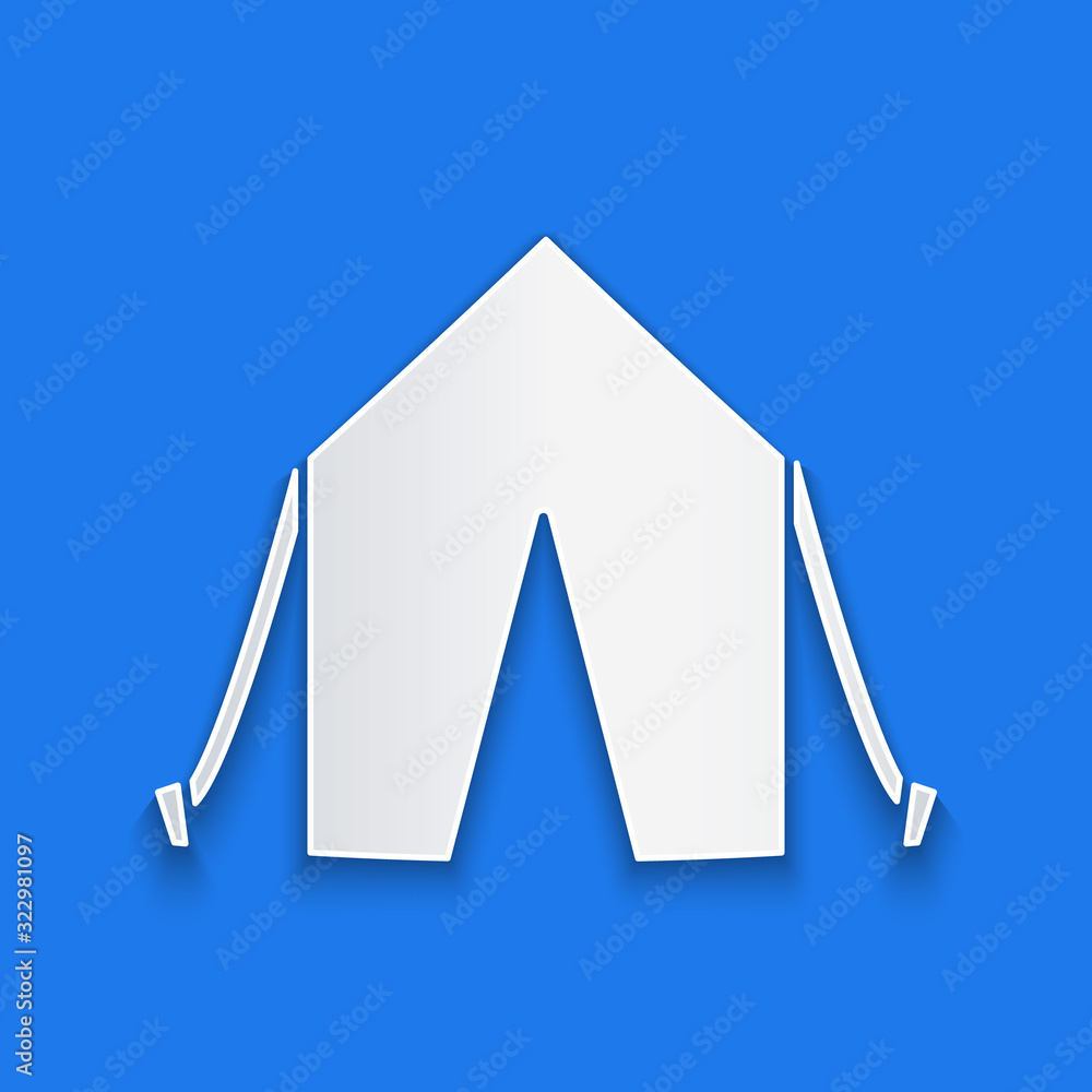蓝色背景上隔离的剪纸旅游帐篷图标。露营符号。纸艺风格。矢量III