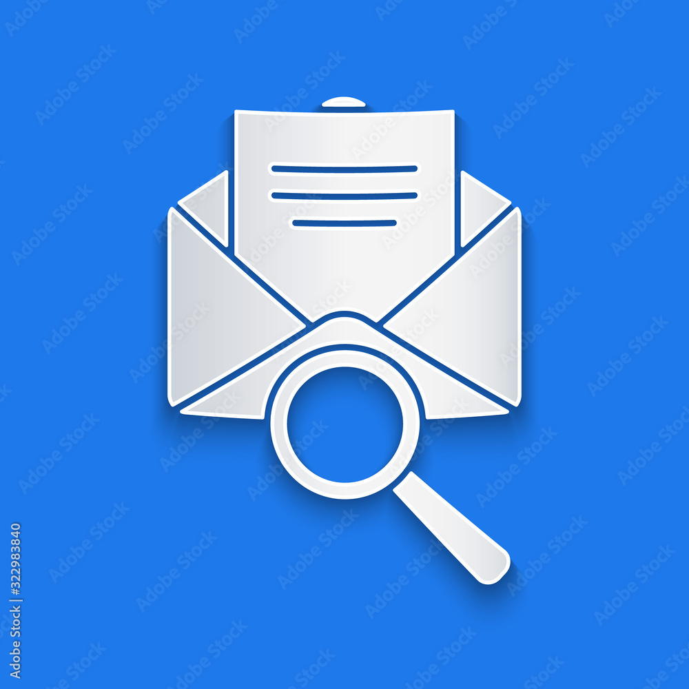 Paper cut Envelope mail with magnifying glass icon isolated on blue background. Paper art style. Vec