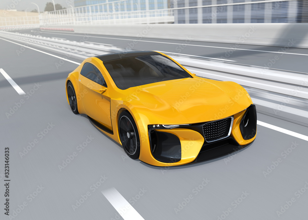 电动运动跑车在高速公路上行驶。3D渲染图像。