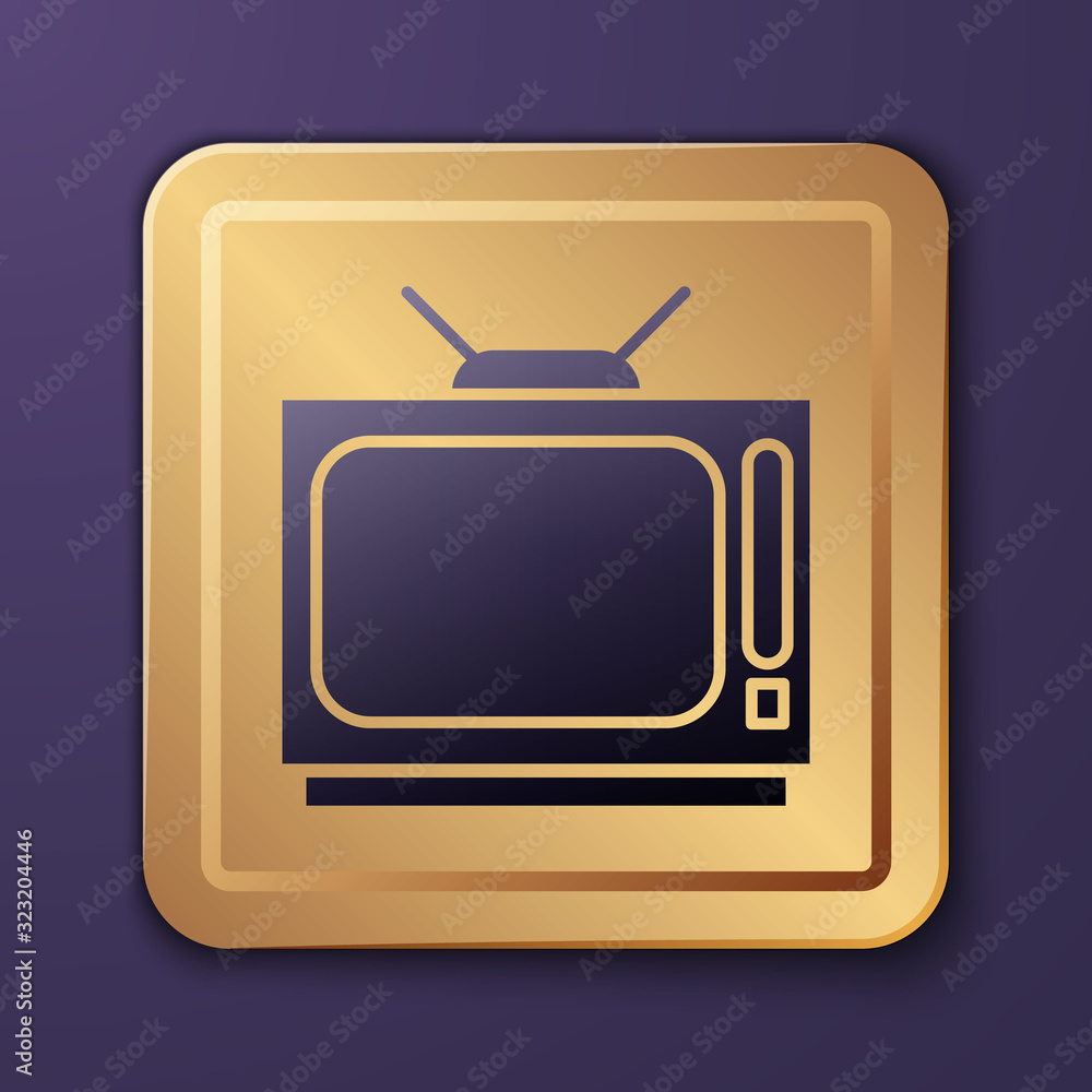 Purple Retro tv icon isolated on purple background. Television sign. Gold square button. Vector Illu