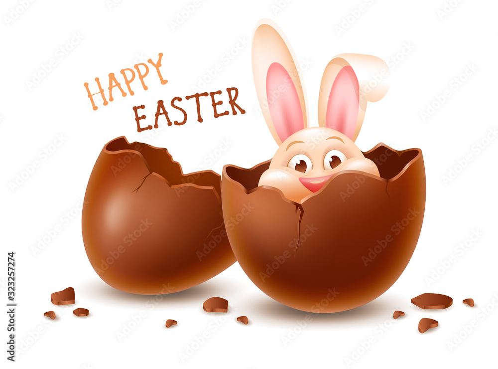 碎复活节巧克力蛋，里面有快乐的复活节兔子