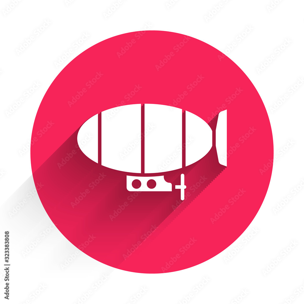 White Airship icon isolated with long shadow. Red circle button. Vector Illustration