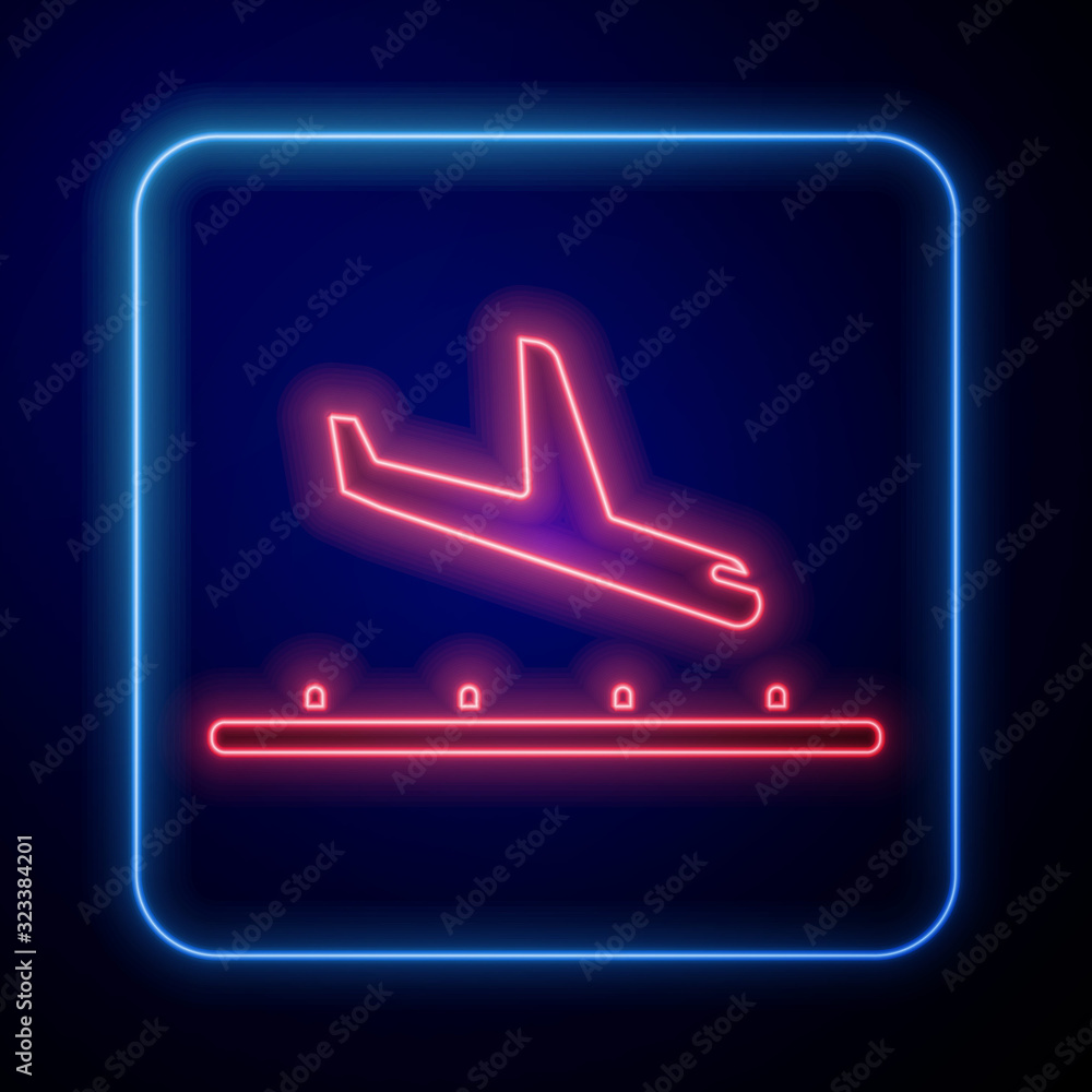 蓝色背景上隔离的发光霓虹灯飞机着陆图标。飞机运输符号。矢量照明