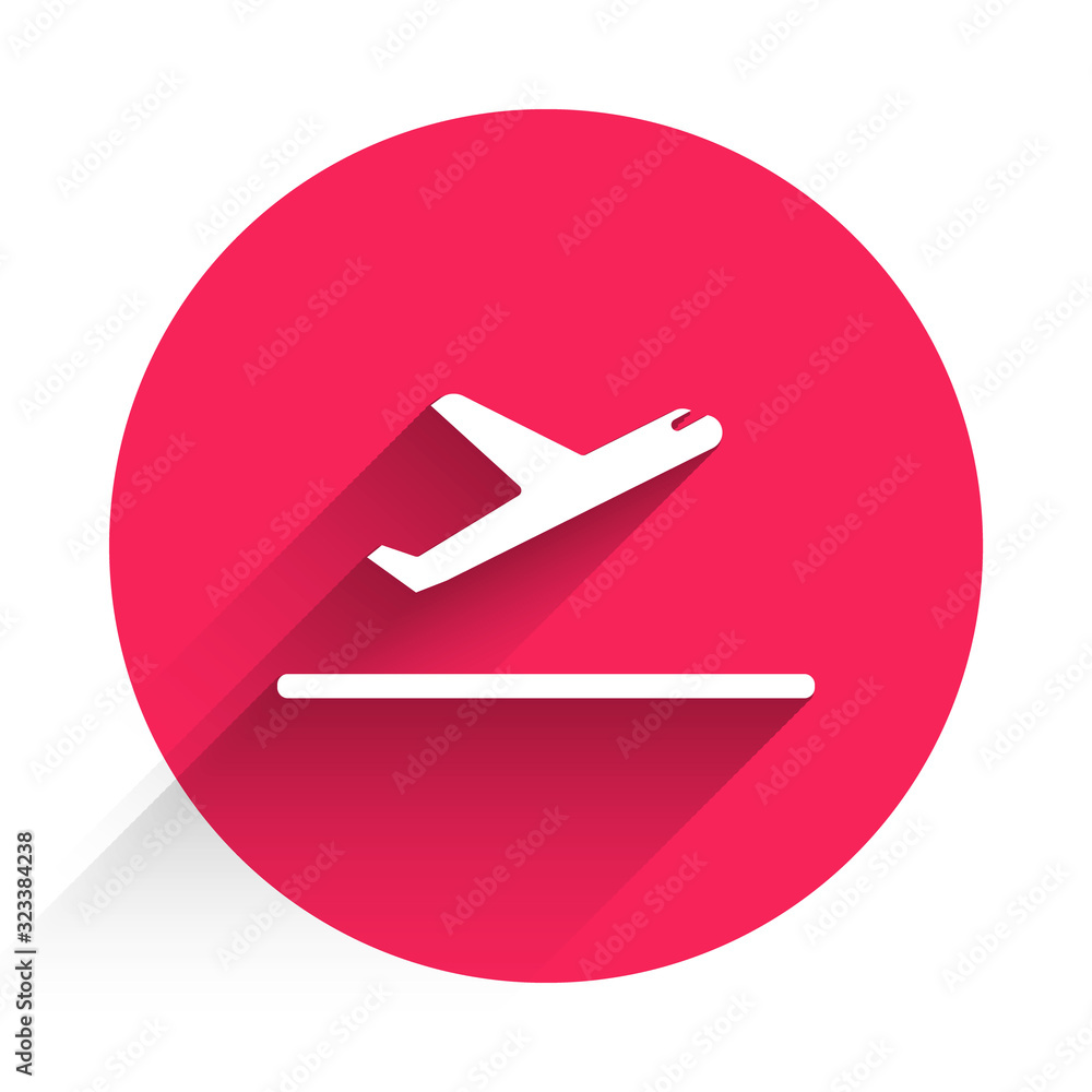 白色飞机起飞图标与长阴影隔离。飞机运输符号。红色圆圈按钮。Ve