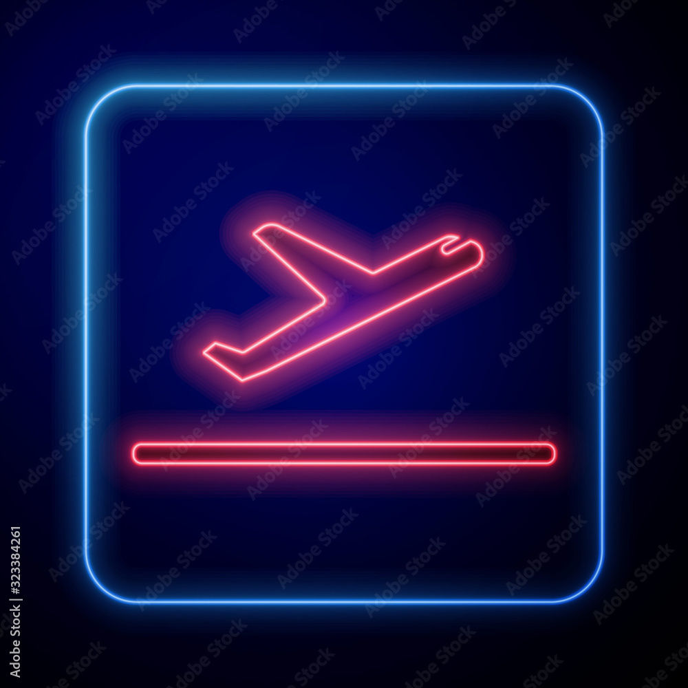蓝色背景上隔离的发光霓虹灯飞机起飞图标。飞机运输符号。矢量照明