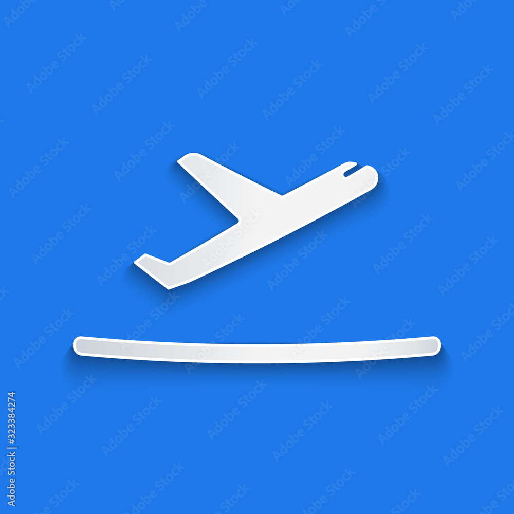 蓝色背景上隔离的剪纸飞机起飞图标。飞机运输符号。纸艺风格