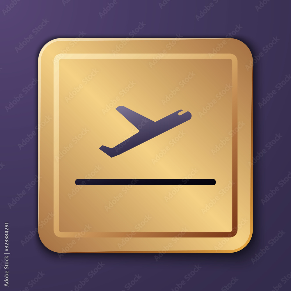 紫色飞机起飞图标隔离在紫色背景上。飞机运输符号。金色方形屁股