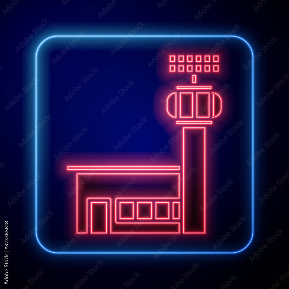 Glowing neon Airport control tower icon isolated on blue background.  Vector Illustration