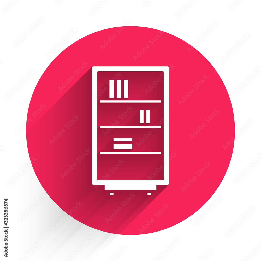 White Library bookshelf icon isolated with long shadow. Red circle button. Vector Illustration