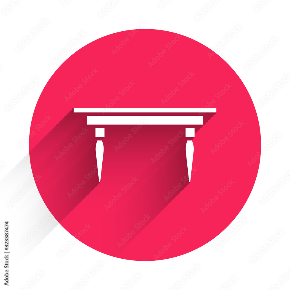 白色木制桌子图标，与长阴影隔离。红色圆圈按钮。矢量插图