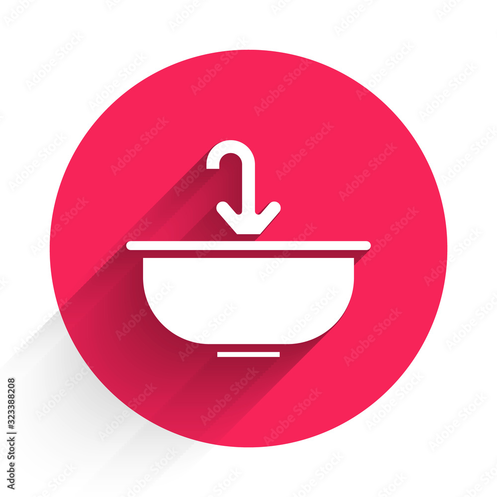 White Washbasin with water tap icon isolated with long shadow. Red circle button. Vector Illustratio