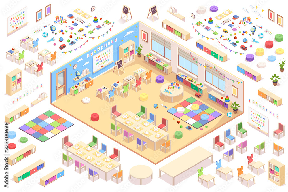Kindergarten interior constructor, isometric vector elements of furniture, education supplements and