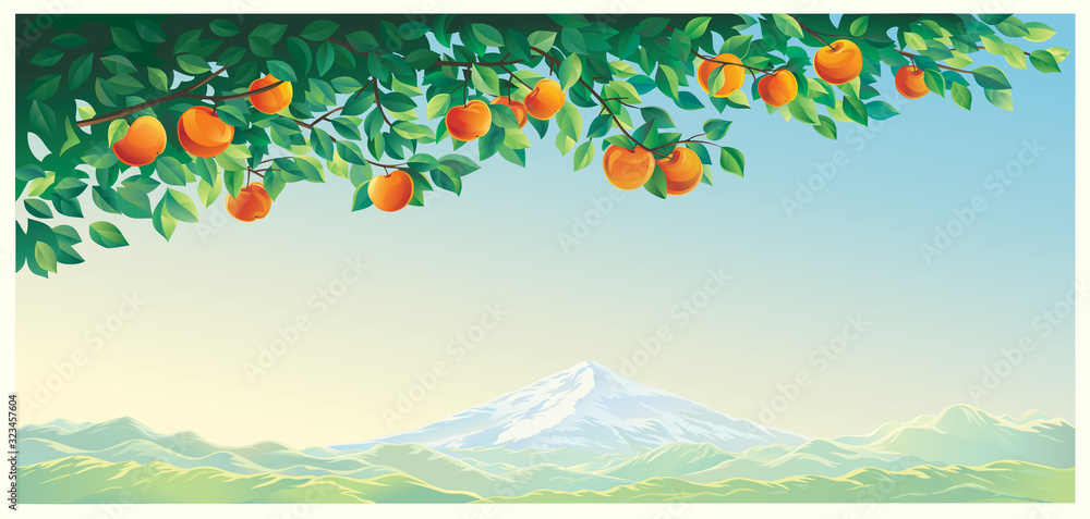 矢量插图，前景是一根苹果枝和一系列高山