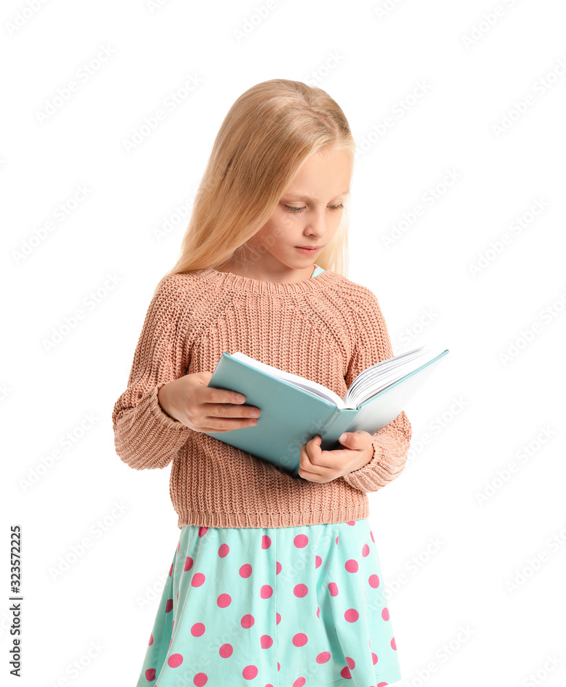 Little girl reading book on white background