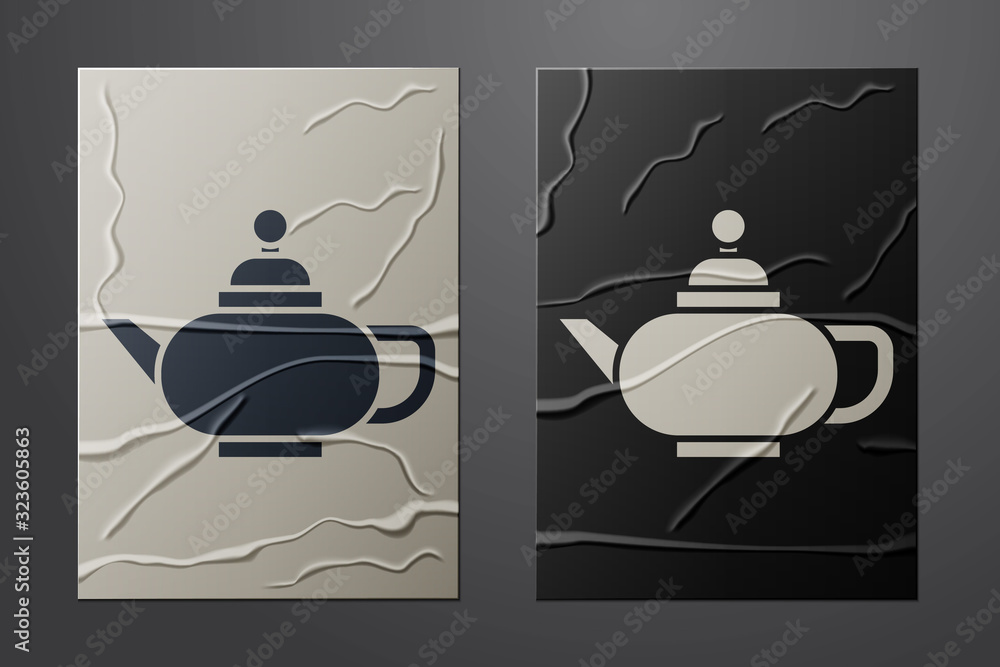 White Traditional Chinese tea ceremony icon isolated on crumpled paper background. Teapot with cup. 