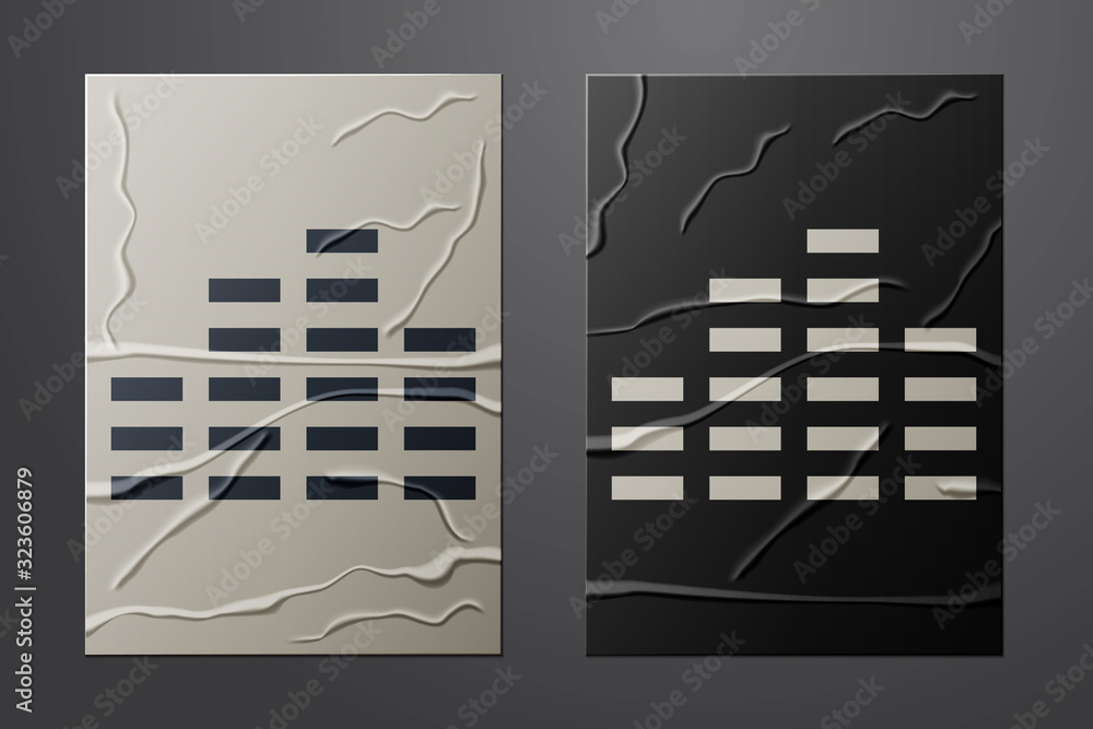 White Music equalizer icon isolated on crumpled paper background. Sound wave. Audio digital equalize