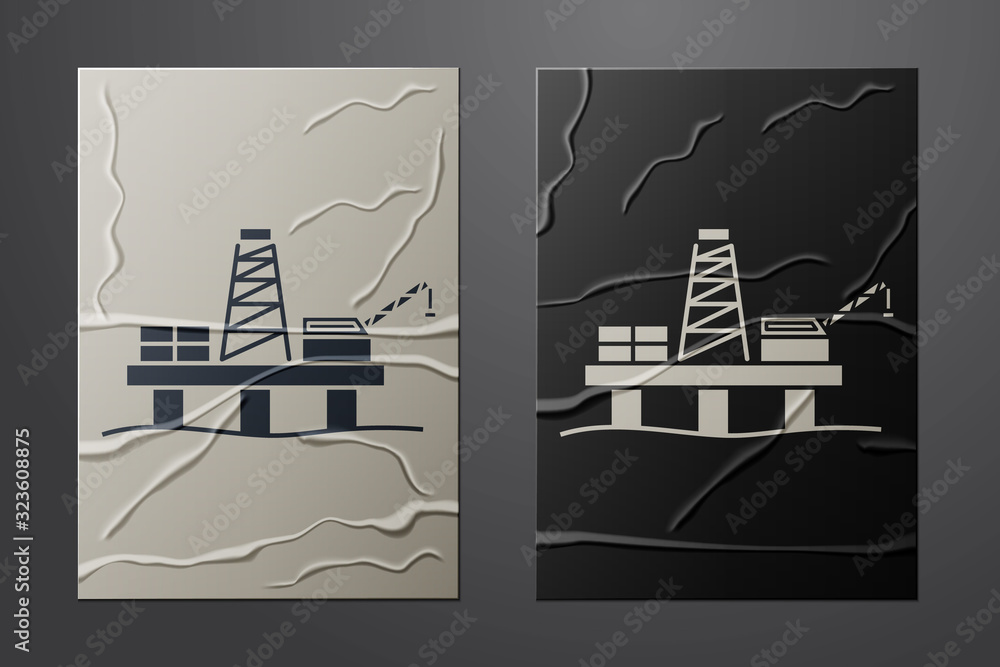 White Oil platform in the sea icon isolated on crumpled paper background. Drilling rig at sea. Oil p