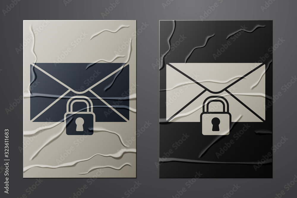 White Mail message lock password icon isolated on crumpled paper background. Envelope with padlock. 