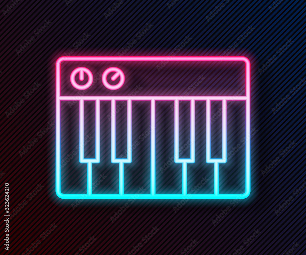 发光的霓虹灯线音乐合成器图标隔离在黑色背景上。电子钢琴。Vector Illu