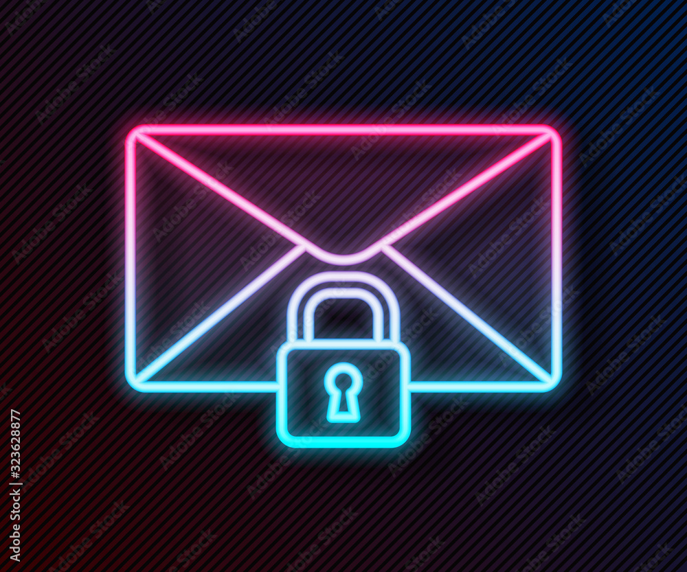 闪闪发光的霓虹灯线邮件邮件锁定密码图标隔离在黑色背景上。带padloc的信封