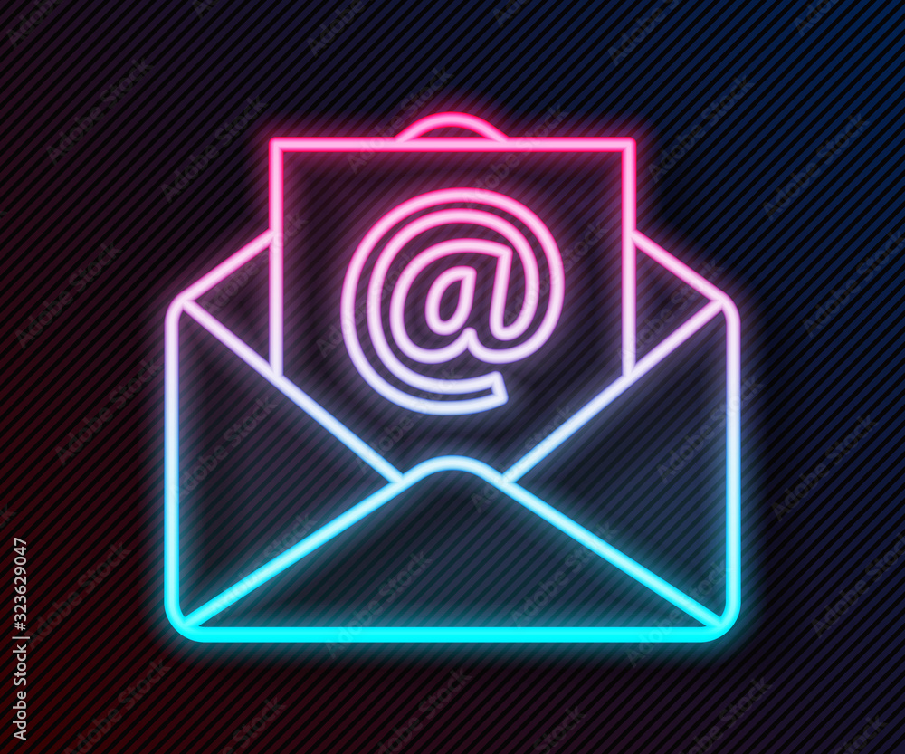 闪亮的霓虹灯线邮件和电子邮件图标隔离在黑色背景上。信封符号电子邮件。电子邮件m