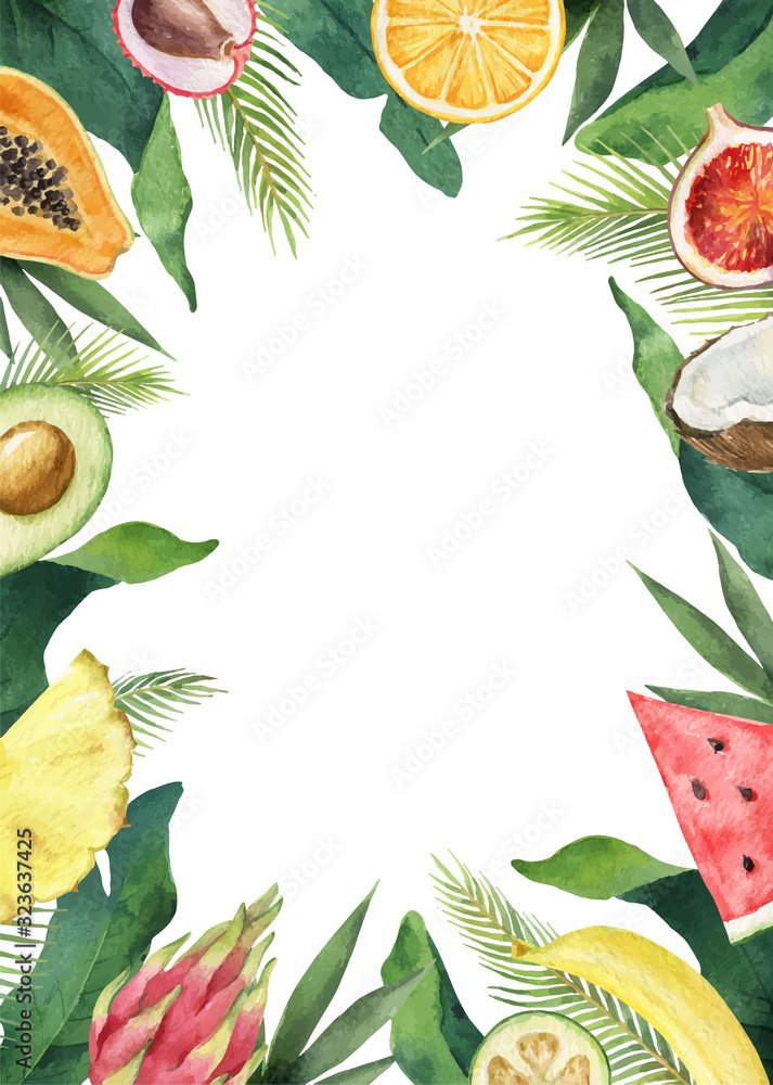 绿色热带树叶和水果的水彩矢量组成。