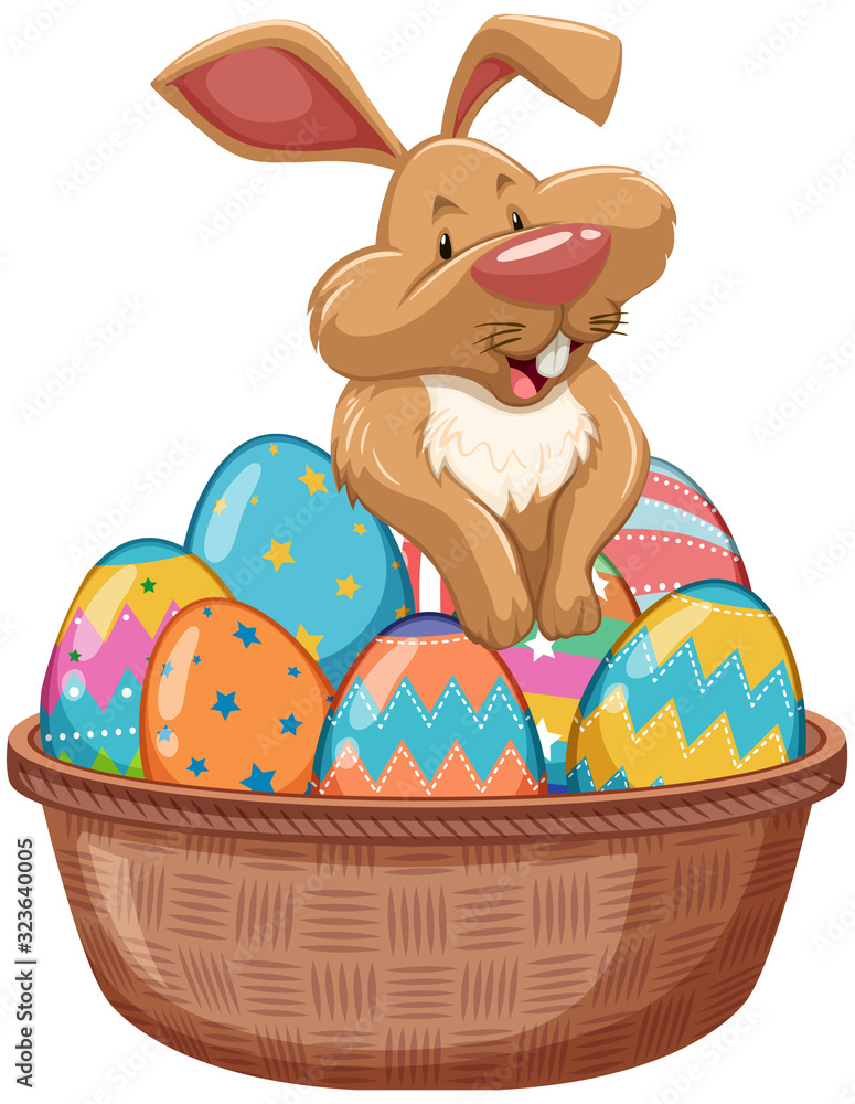 复活节海报设计，复活节兔子和篮子里的彩蛋