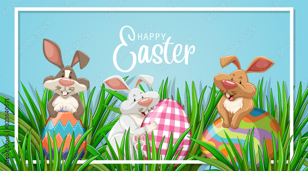 Poster design for easter with three bunnies and eggs in garden