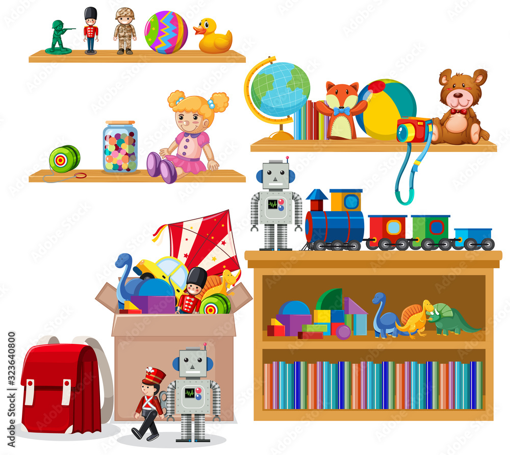 白色背景的书架上摆满了书和玩具