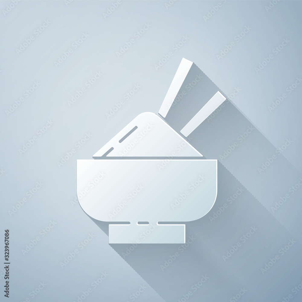 Paper cut Rice in a bowl with chopstick icon isolated on grey background. Traditional Asian food. Pa