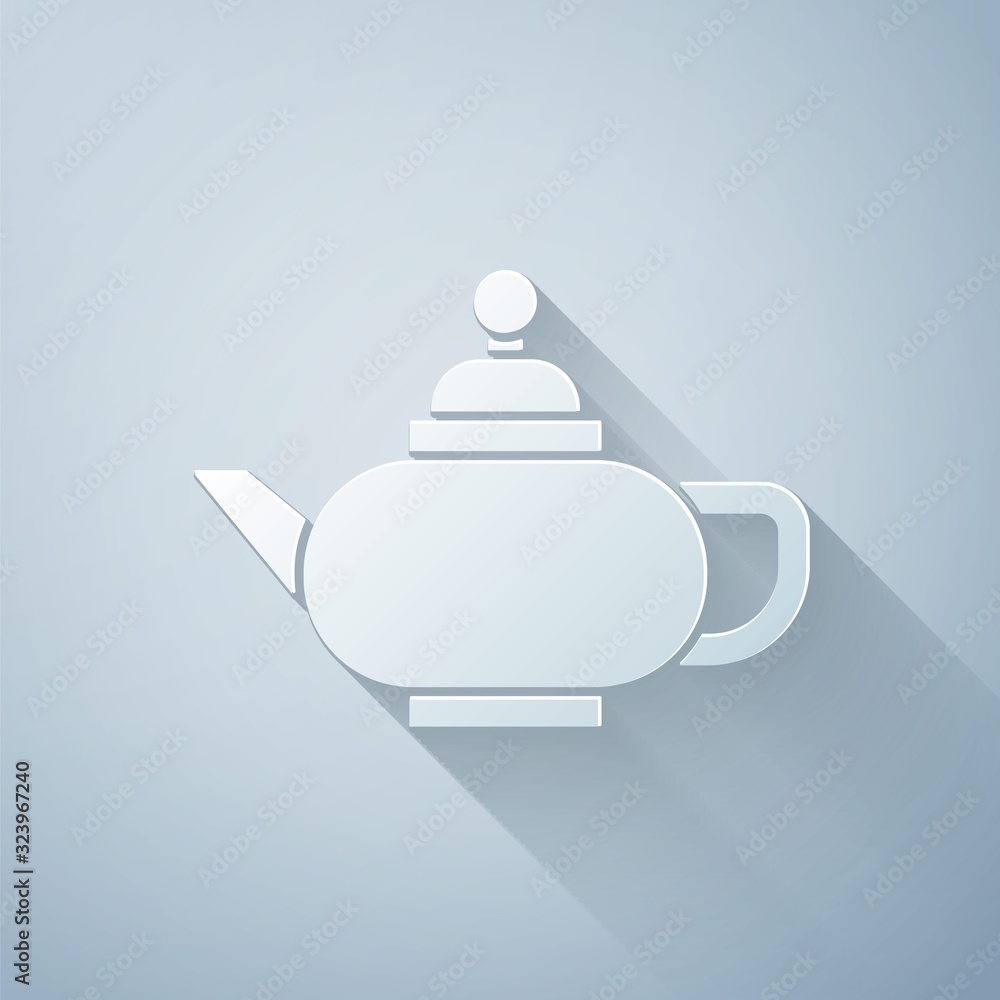 Paper cut Traditional Chinese tea ceremony icon isolated on grey background. Teapot with cup. Paper 