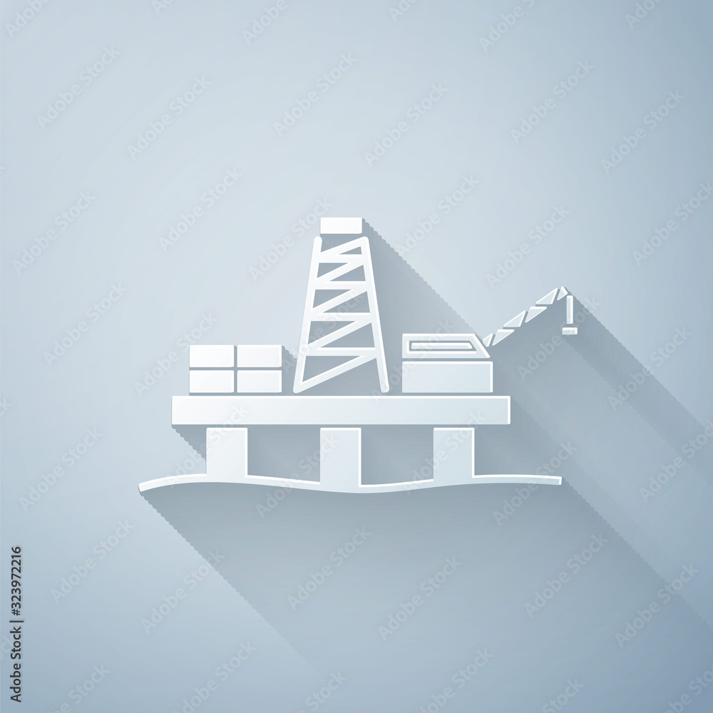灰色背景上孤立的海上剪纸石油平台图标。海上钻机。石油平台