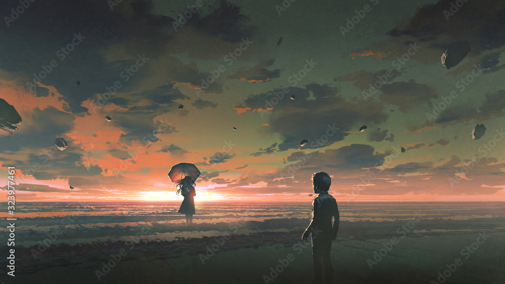 一个男孩在日落的天空下看着站在海里的打着伞的神秘女人，数字