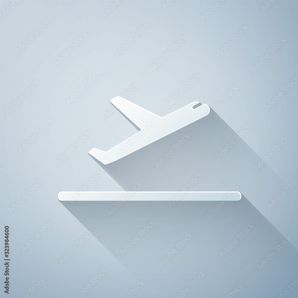 灰色背景上隔离的剪纸飞机起飞图标。飞机运输符号。纸艺风格