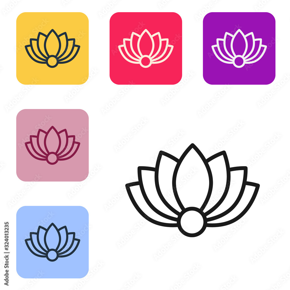 Black line Lotus flower icon isolated on white background. Set icons in color square buttons. Vector