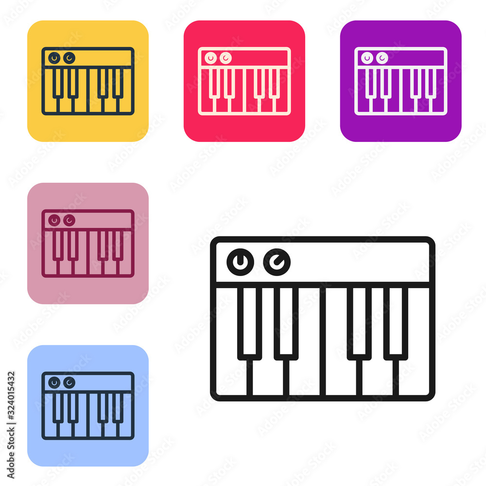 黑线音乐合成器图标隔离在白色背景上。电子钢琴。设置彩色图标