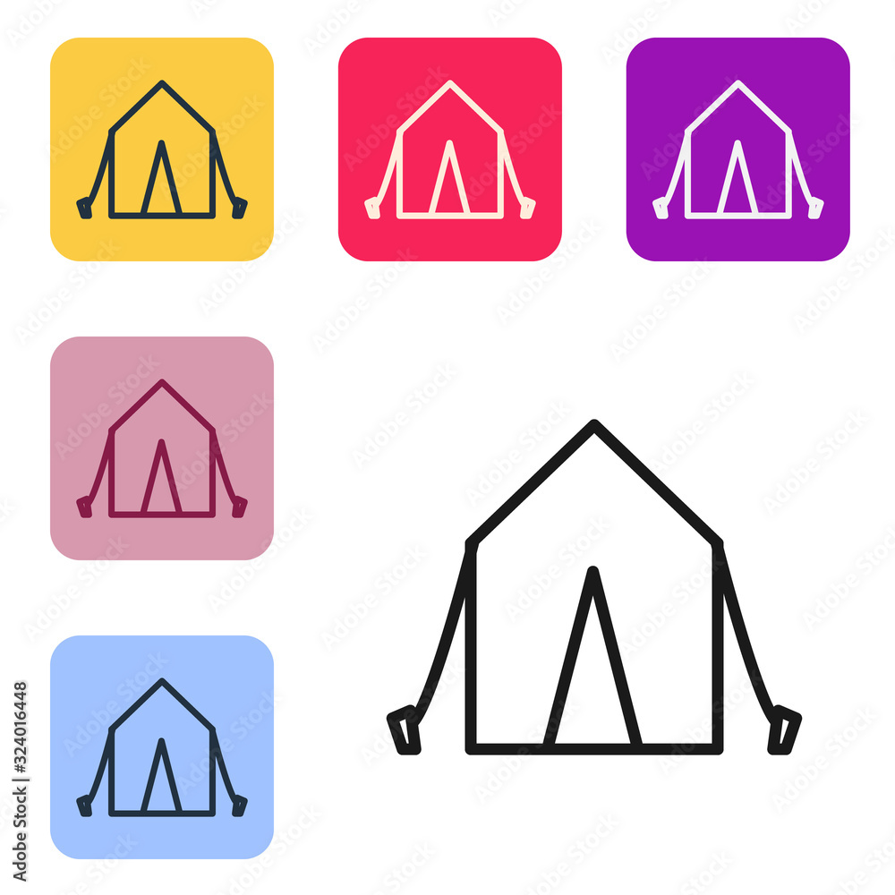黑线旅游帐篷图标隔离在白色背景上。露营符号。将图标设置为彩色正方形